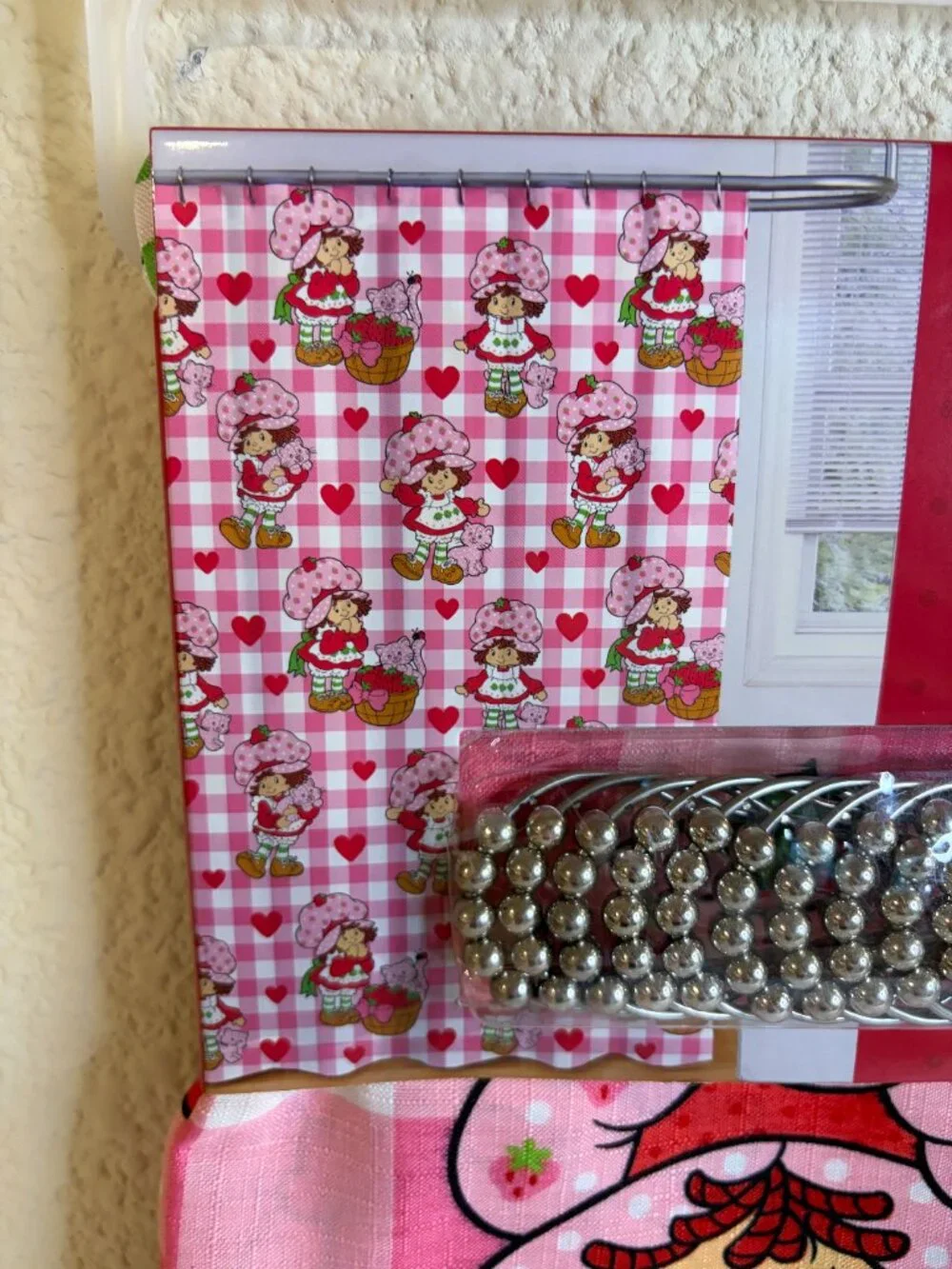 Strawberry Shortcake Shower Curtain Set Pink Gingham Hearts 72x72 NWT
